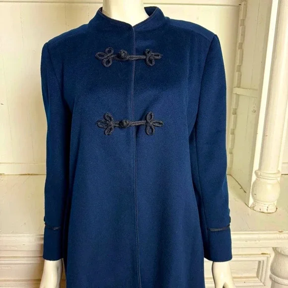 vintage: 60s 70s Navy Blue Wool Coat w Rope Closures - Picture 4 of 7